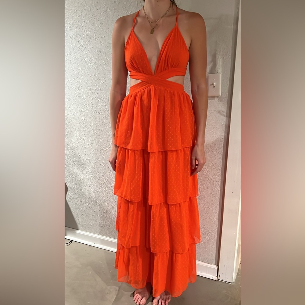 Orange tiered cutout maxi dress in orange